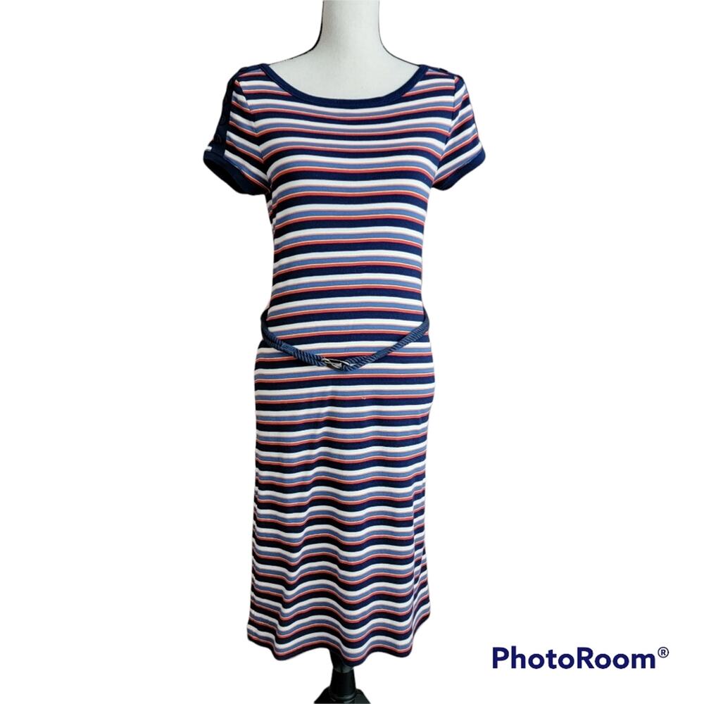 LRL Lauren Jeans Co Vintage cotton short sleeve‎ belted stripped midi dress M